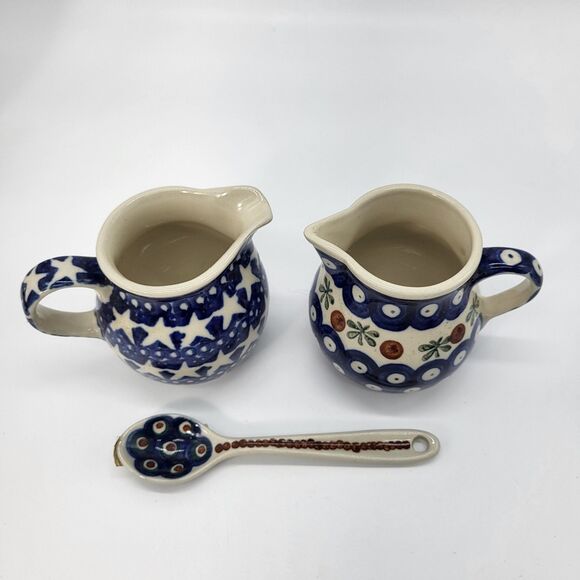 Boleslawiec Polish Pottery Stars & Blue Dot Design Small Creamer Set with Spoon - Picture 2 of 14